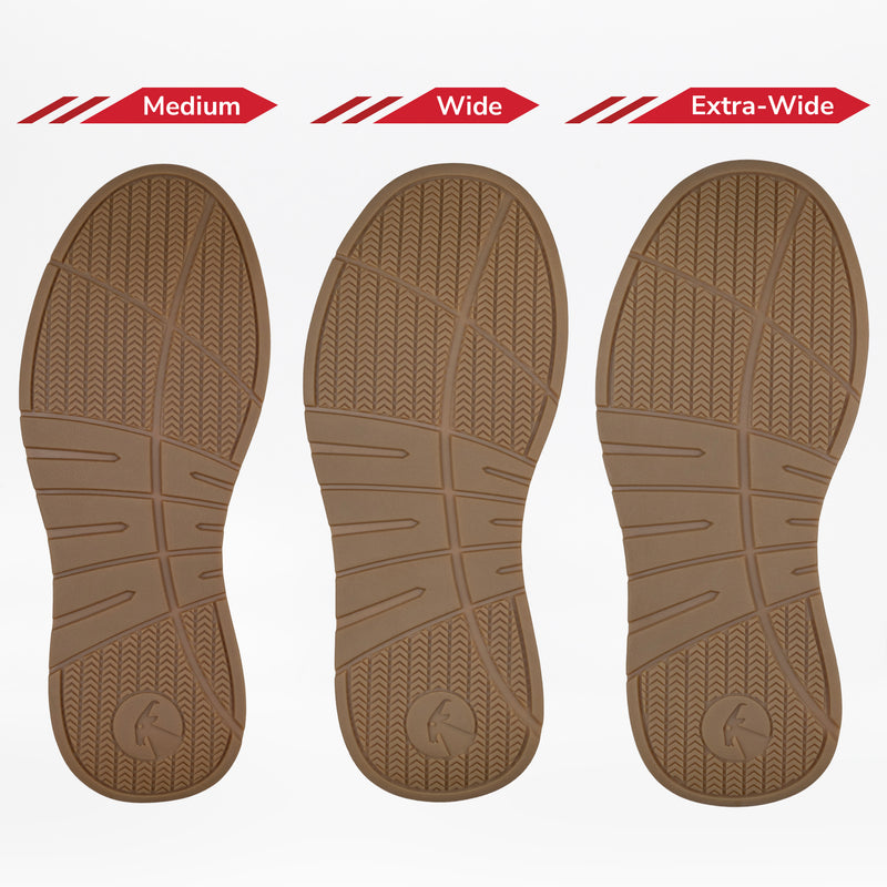 Three black leather shoe soles are side by side, labeled Medium, Wide, and Extra-Wide. These Men's Black Leather BILLY Comfort Luxe shoes by BILLY Footwear show width and tread differences for each size.