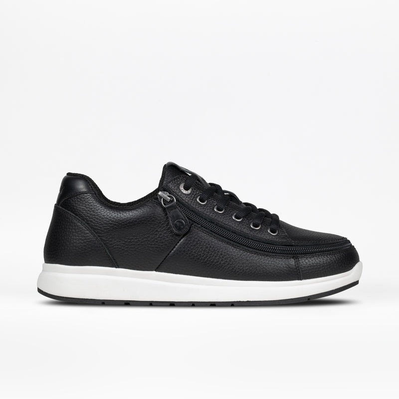 The Men's Black Leather BILLY Comfort Plush by BILLY Footwear is a black leather shoe with a white sole, black laces, and the signature BILLY Wraparound Zipper, shown on a plain white background.