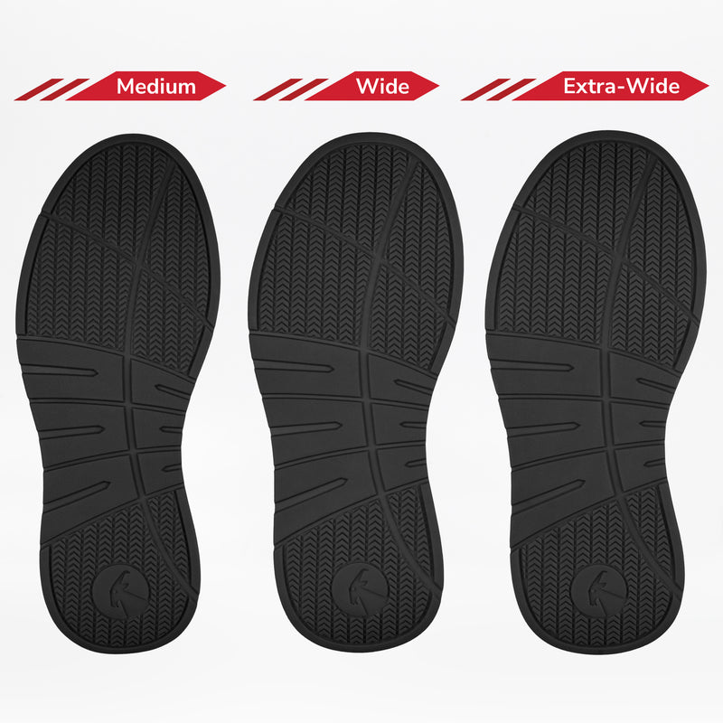 Three black shoe soles, labeled “Medium,” “Wide,” and “Extra-Wide,” display the size options for the Men's Black Leather BILLY Comfort Plush shoes by BILLY Footwear.