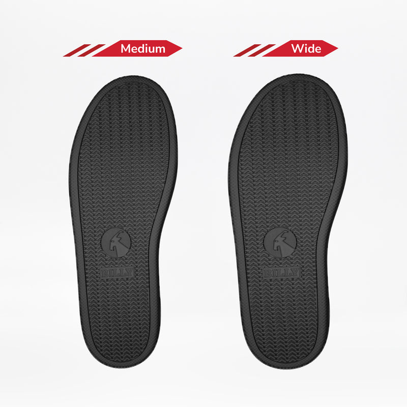 Two black insoles for the Men's Black to the Floor BILLY CS High by BILLY Footwear are shown side by side on a white background, labeled Medium and Wide to highlight available width options. Both feature textured patterns.