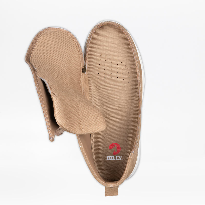 The Men's Sand Suede BILLY Comfort Chukka by BILLY Footwear features a wraparound zipper with the upper flap open to the side, revealing a red insole logo and "BILLY" text. The shoe has a perforated toe and white sole.