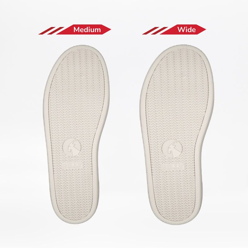 Two beige insoles, labeled Medium and Wide, are shown side by side on a white background to highlight width differences—ideal for pairing with the BILLY Footwear Men's White/Black BILLY CS High sneakers.