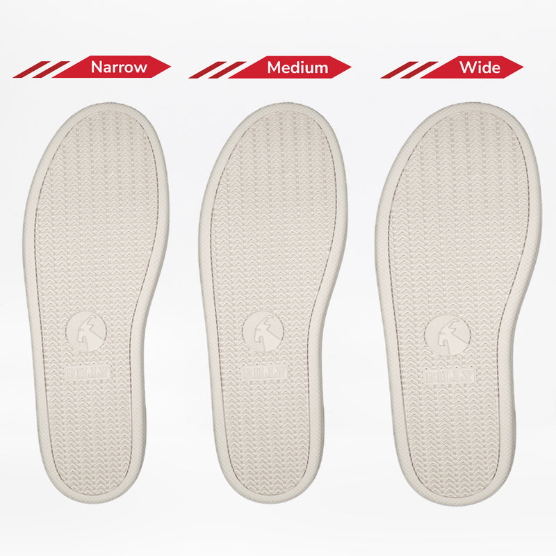 Three white soles are shown side by side, labeled Narrow, Medium, and Wide, displaying width options for the Men's White/Black BILLY CS Low step-in sneakers by BILLY Footwear.