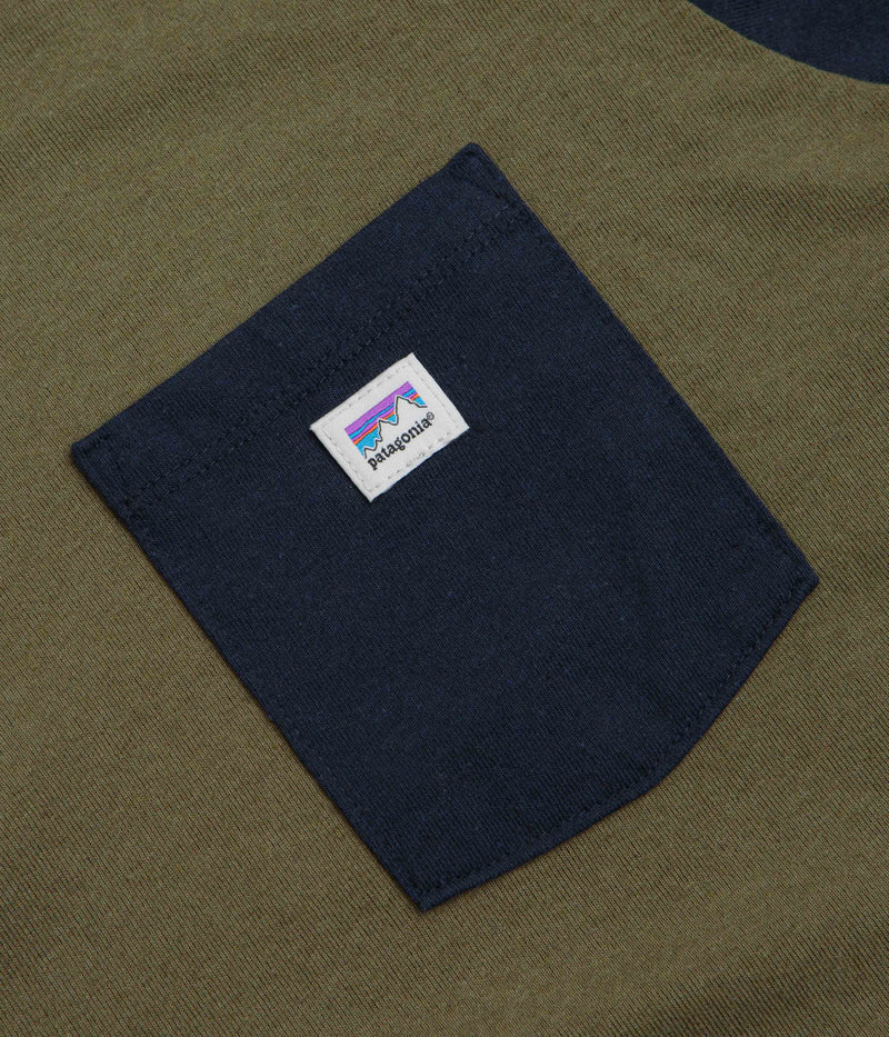 Patagonia Shop Sticker Pocket Responsibili-Tee Long Sleeve T-Shirt in Tent Green