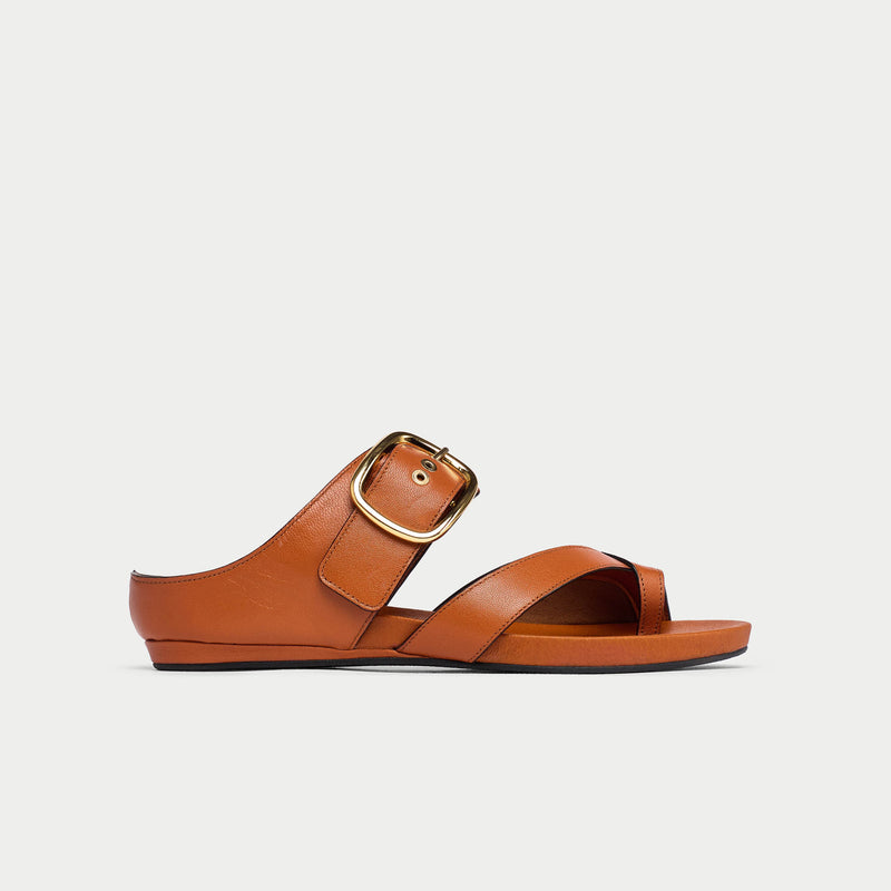 Brown sandal with a gold buckle on a light gray background