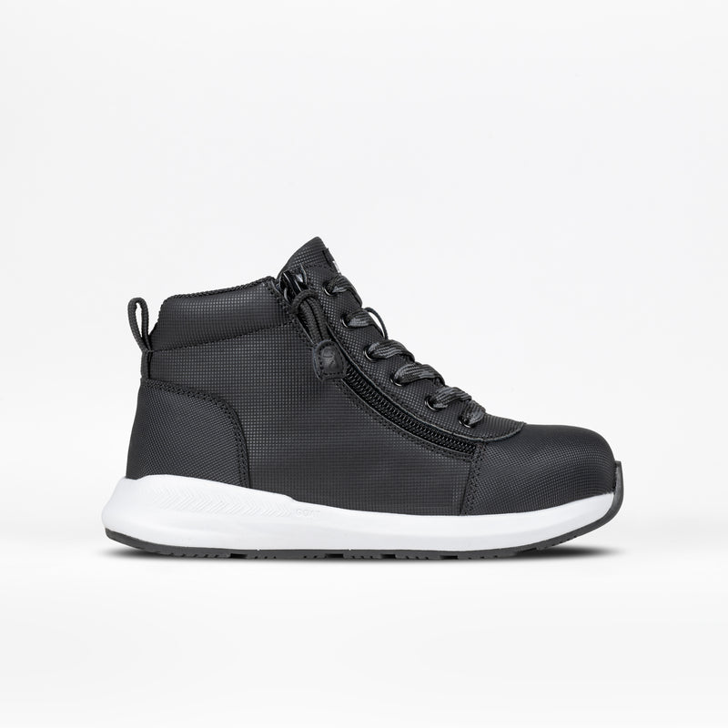 The Kids'/Toddler BILLY Goat DZ High by BILLY Footwear is a black sneaker boot with a white sole, side zipper, and black laces—orthotic-friendly and shown on a plain white background.