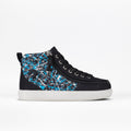 The BILLY Footwear Kids'/Toddler Classic D|R II High in Black Graffiti features a black high-top design with gray laces, a white sole, and blue, white, and gray paint splatter. Its wide toe box is great for kids needing orthotic shoes.