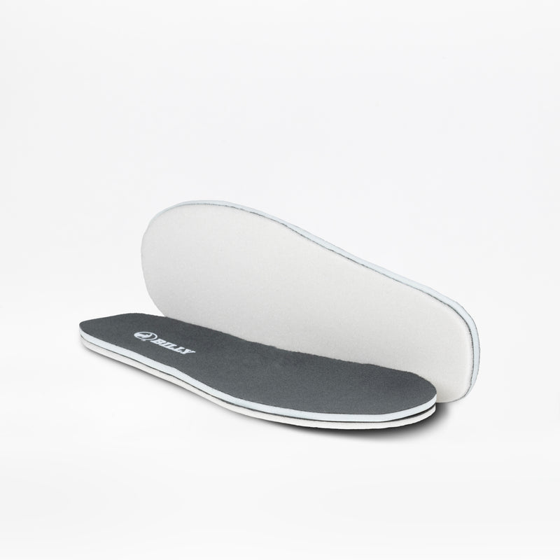 A pair of SALE - Smoke/Lime Fire BILLY Sport Inclusion insoles by BILLY Footwear, one flat showing a dark gray top with white sides, the other propped up to reveal a white bottom, displayed on a plain white background.