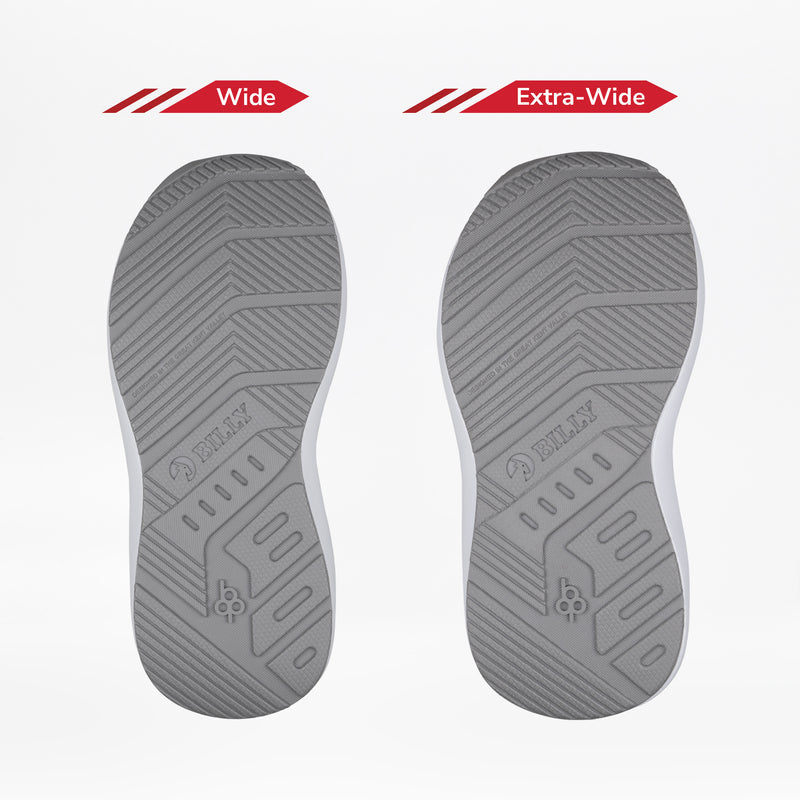 Two gray orthotic shoe soles for the SALE - White BILLY Goat from BILLY Footwear are shown side by side on a white background. The left is labeled Wide, the right Extra-Wide, demonstrating width options for AFO-friendly shoes.