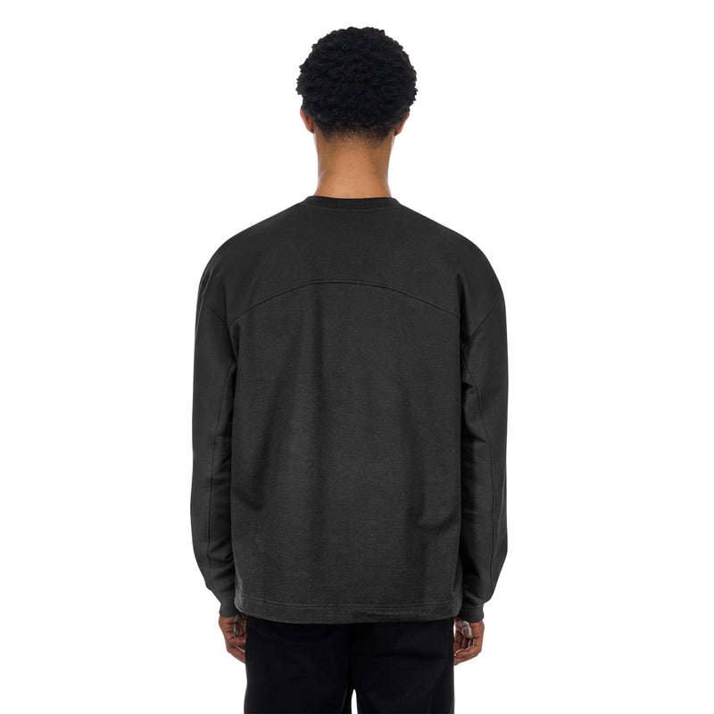 Men's black long-sleeve crewneck shirt, plain back with small logo hem