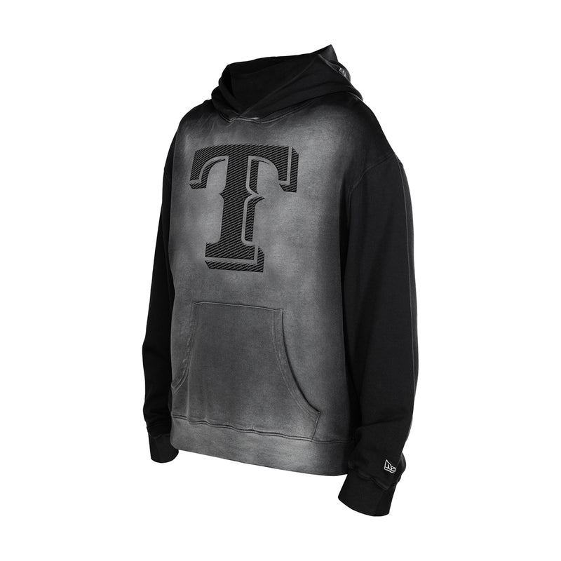 Men's black faded hoodie with large 'T' logo print on chest and front pocket
