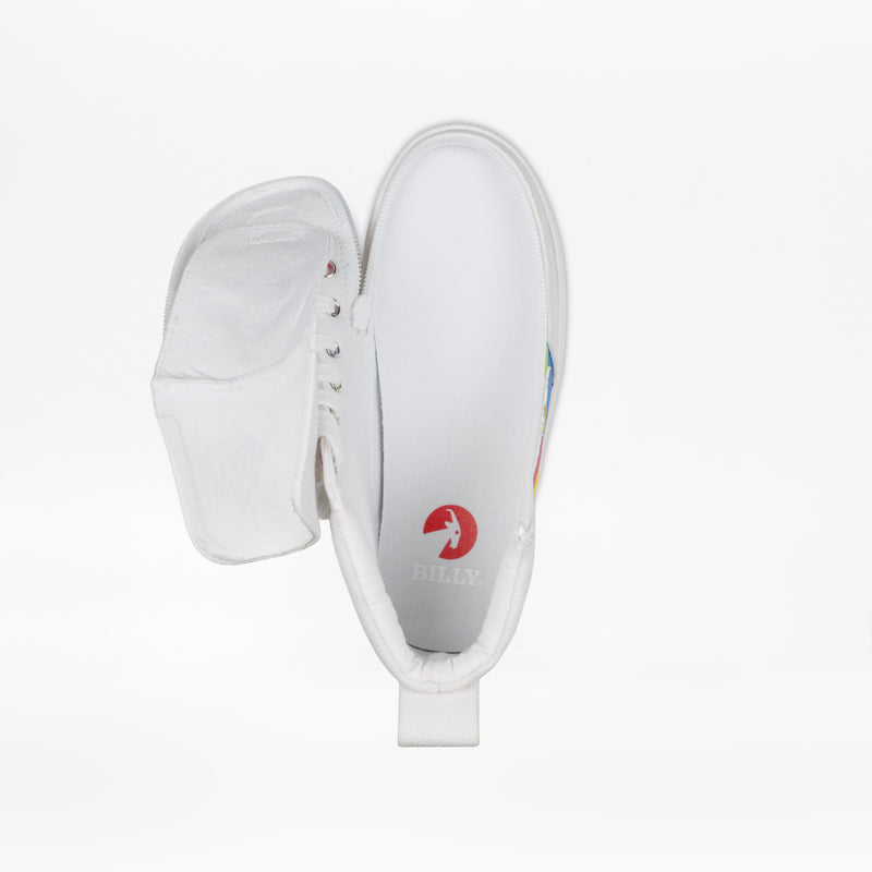 A Wavy Rainbow BILLY Classic Lace High sneaker by BILLY Footwear seen from above, its wraparound zipper open to display the inside sole featuring a red logo and the word BILLY.
