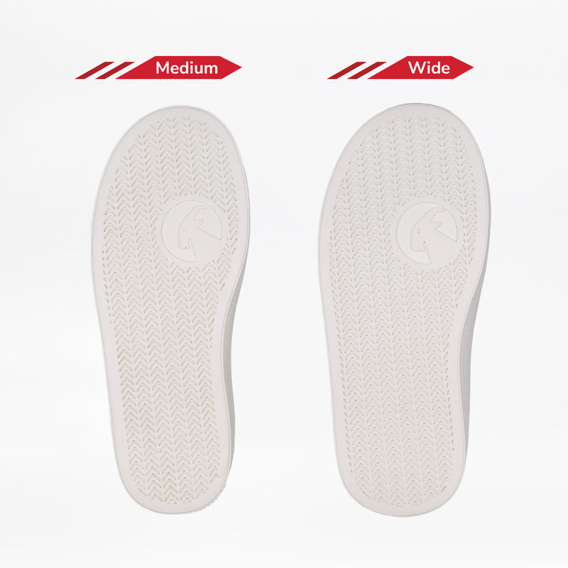 Two white shoe soles are displayed side by side on a white background: the left is Medium, the right is Wide, showing the width difference in the Wicked Black Glitz BILLY CS High by BILLY Footwear.