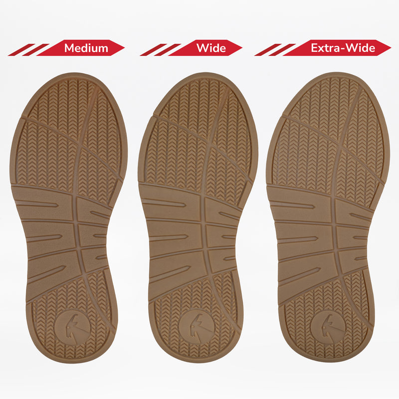 Three brown soles of the Women's Black Leather BILLY Comfort Luxe by BILLY Footwear are side by side, labeled Medium, Wide, and Extra-Wide to highlight width options for this sensory-friendly shoe.