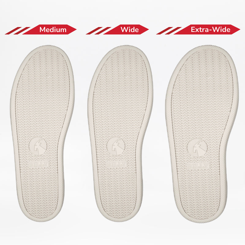 Three white soles for the Women's Black/White BILLY CS Low by BILLY Footwear, labeled Medium, Wide, and Extra-Wide, feature textured patterns and a goat logo near the heel, providing sensory-friendly shoe options.