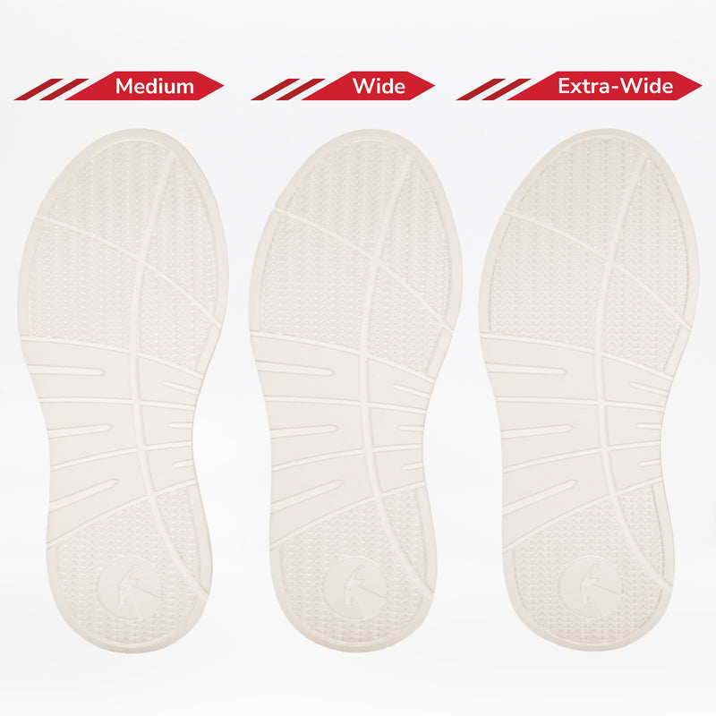 Three white soles—Medium, Wide, and Extra-Wide—are displayed side by side to show width options, perfect for pairing with your Women's Grey BILLY Comfort Knit shoes from BILLY Footwear.
