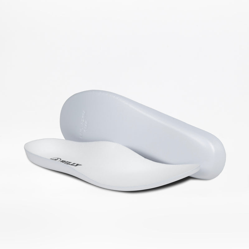 Two white orthopedic cushioned insoles, contoured for comfort, are shown on a white background. One lies flat with the BILLY Footwear logo visible; the other is propped upright. Designed for Women's Stone Floral BILLY Sport Inclusion shoes.