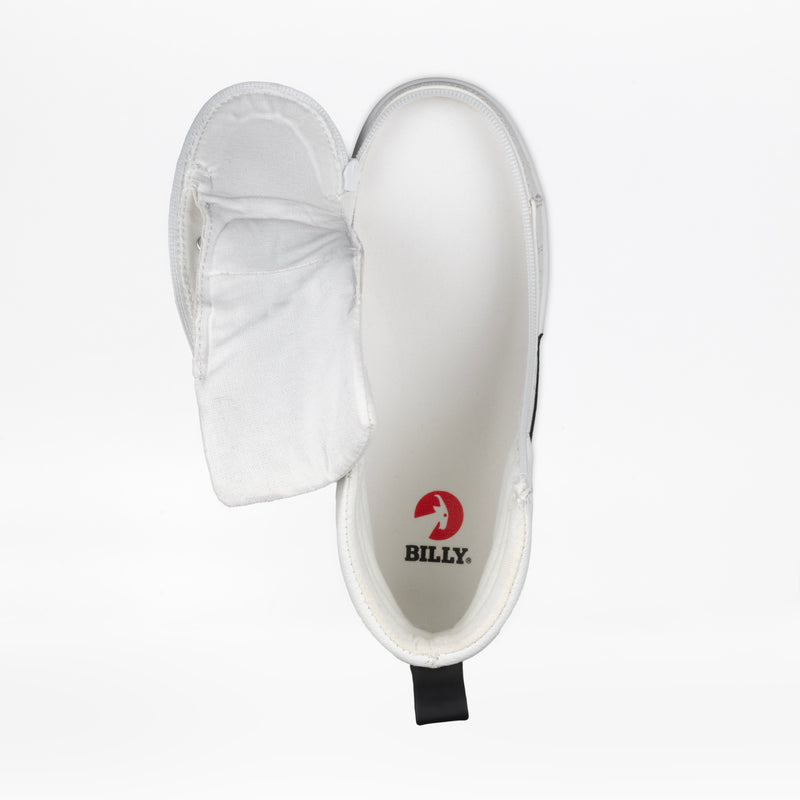 The Women's White/Black BILLY CS High by BILLY Footwear is a step-in sneaker with an unzipped upper showing the red Billy logo inside. Designed for easy wear, it's available in wide width options.