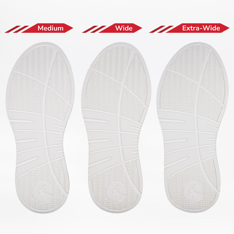Three white soles of the Women's White Leather BILLY Comfort Plush by BILLY Footwear are displayed side by side and labeled "Medium," "Wide," and "Extra-Wide" to show the available comfort plush width options.